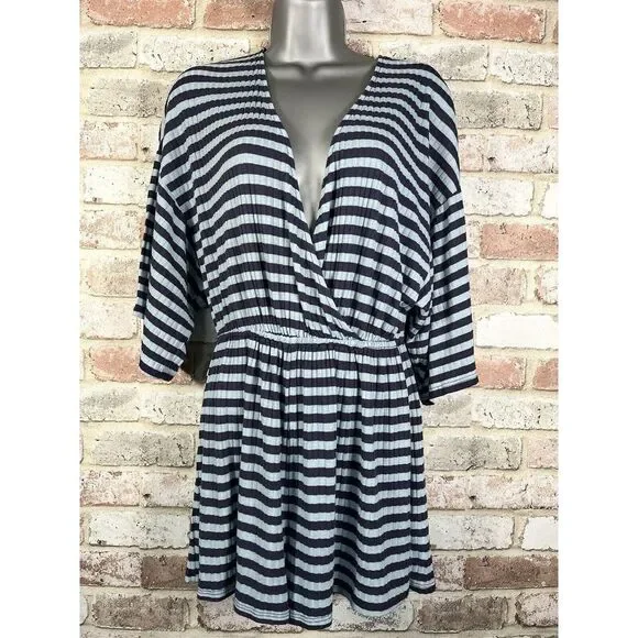 Urban Outfitters Ribbed Knit Surplice Romper Light Blue Striped‎ Summer Beach M - Picture 2 of 12